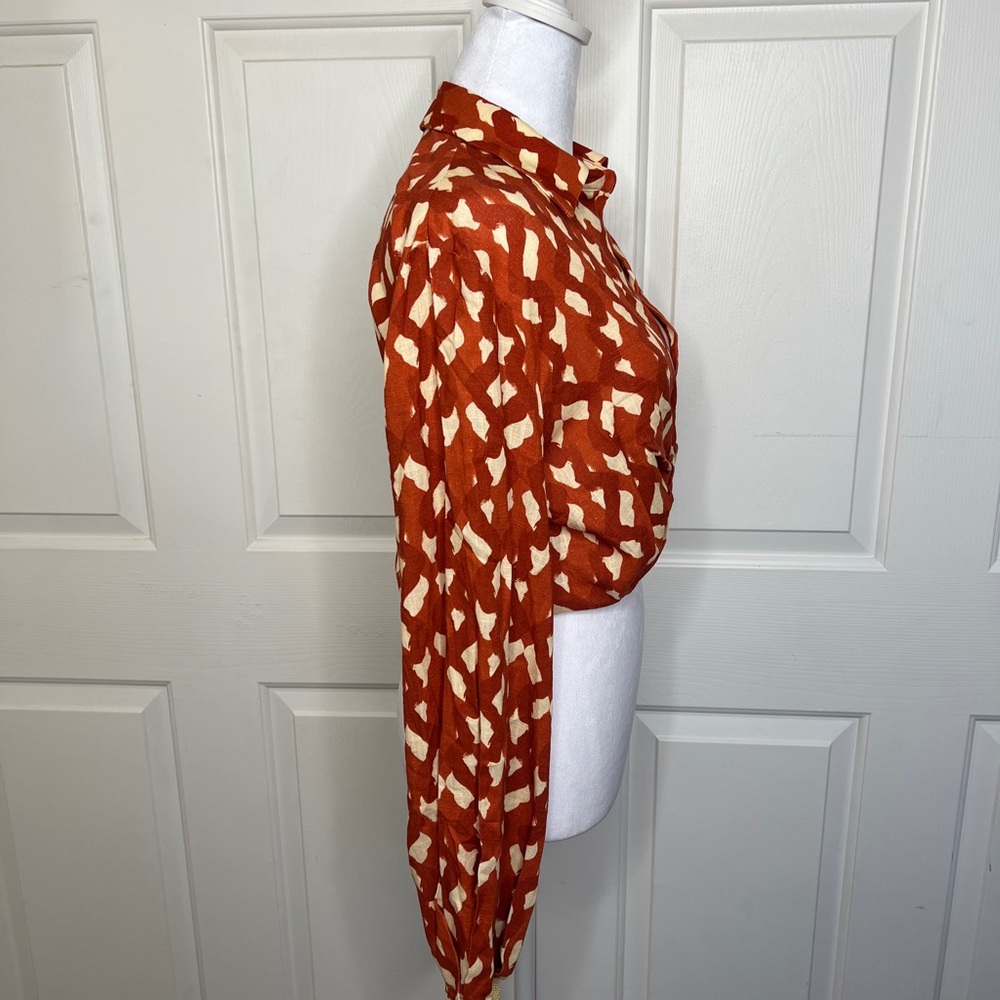 NWT Zara Linen Blend Printed Twisted Wrap Crop Top in Terracotta and Cream - Picture 6 of 8